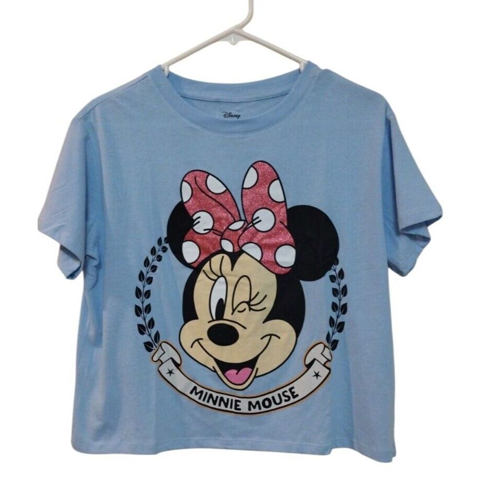 Disney Crop Top Women Large Blue Graphic Glitter Minnie Mouse Short Sleeves